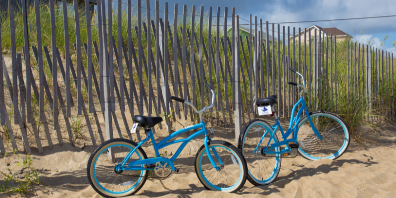 VayKGear Bike Rental Blue bikes resting against sand dunes at the beach.