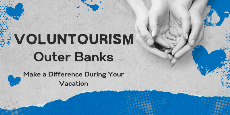 Voluntourism Gray and blue image with text alongside black and white hands cupped.