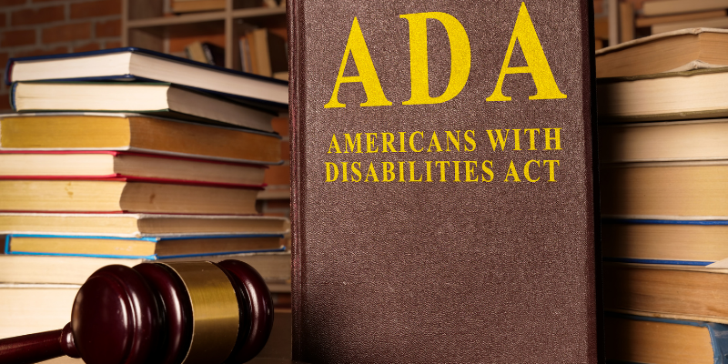 ADA Requirements for Handicap Accessibility Library background and books with text ADA: Americans with Disabilities Act