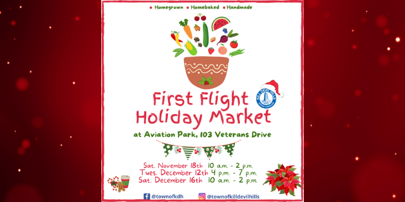 Red background with white squart advertising First Flight Holiday Markets