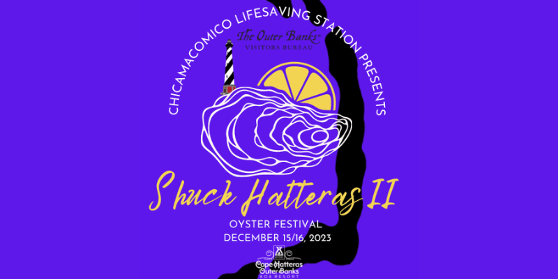 Purple background with Shuck Hatters II, white oyster outline, Cape Hatteras Lighthouse, and a lemon.