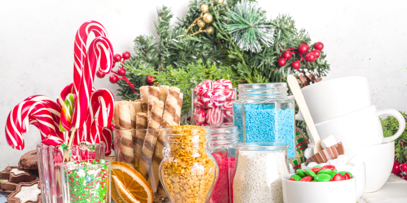 Celebrate the Holidays on the Outer Banks! Hot Chocolate Bar with jars of peppermints, candy canes, and sprinkles.