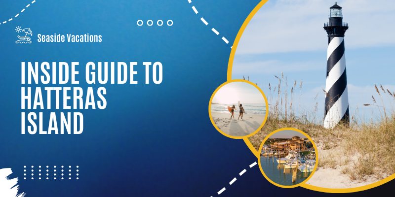 Inside Guide to Hatteras Island Blue background with images of Cape Hatteras Lighthouse, marina, and people on the beach.