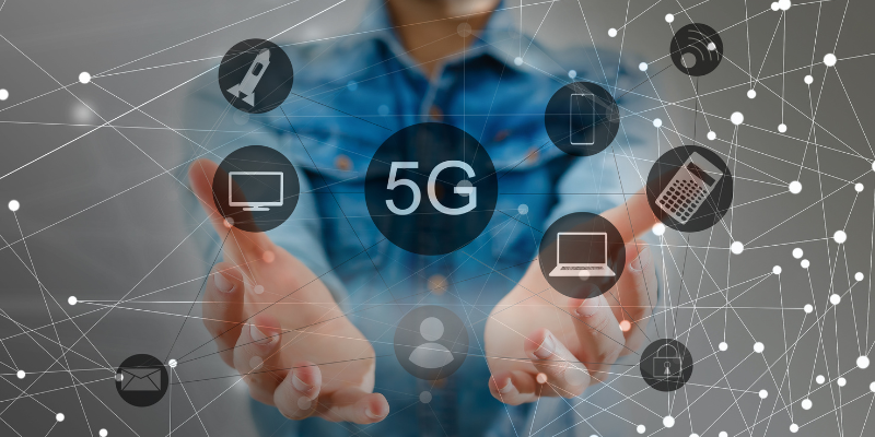 Install High Speed Internet Man with open arms and 5G in the center.