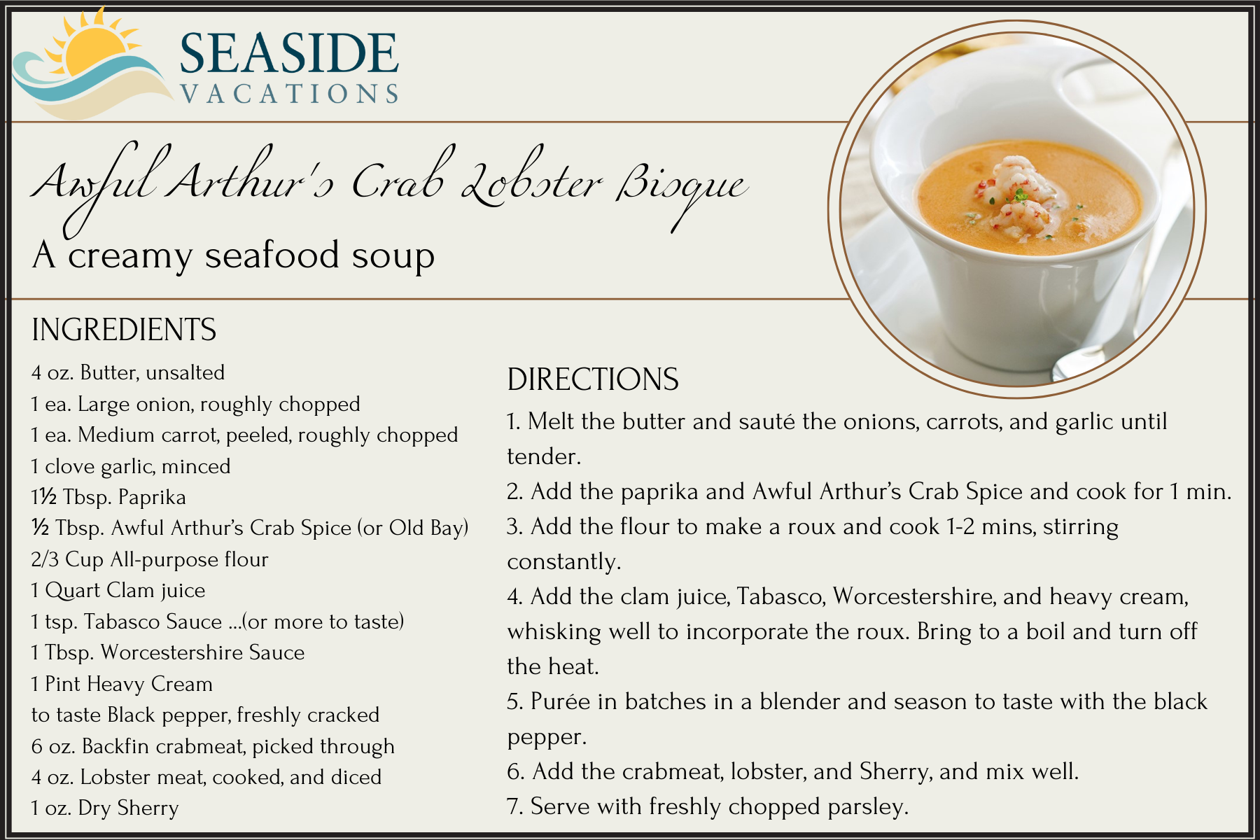 Awful Arthur's Crab Lobster Bisque Recipe Card Awful Arthur's Crab Lobster Bisque Recipe Card