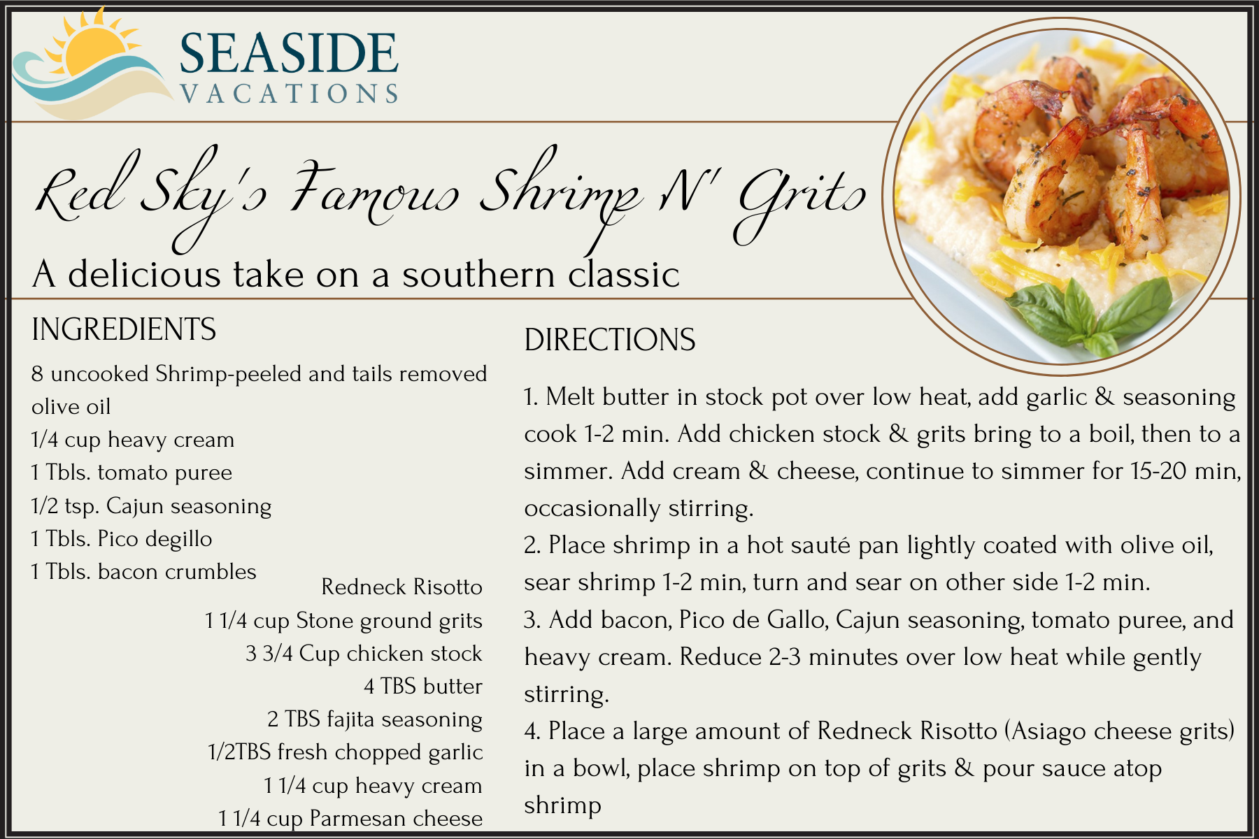 Red Sky's Famous Shrimp N' Grits Recipe Card Red Sky's Famous Shrimp N' Grits Recipe Card