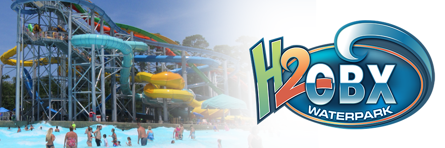 H2OBX Waterpark H2OBX Waterpark Hero Image Logo; Waterslide in the background.
