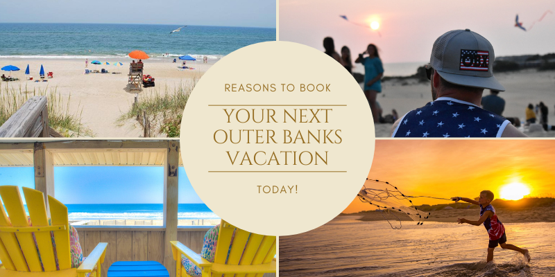 Four split photos of the beach, a man at Jockey's Ridge at sunset, a kid throwing a fishing net, and yellow chairs on the oceanfront.